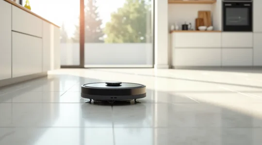Un aspirateur robot de conception futuriste nettoyant un sol de cuisine brillant