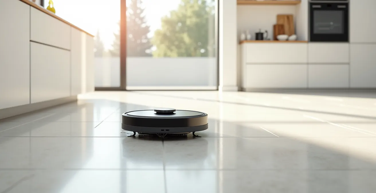 Un aspirateur robot de conception futuriste nettoyant un sol de cuisine brillant