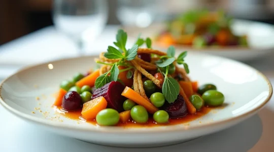 Composition visuellement riche d'assiettes de légumes de saison préparées en restauration, mettant en avant textures variées et techniques culinaires sophistiquées