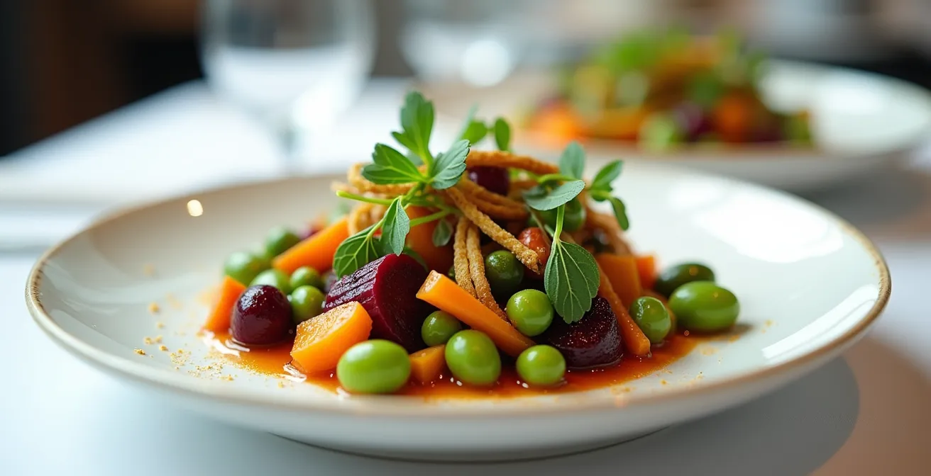 Composition visuellement riche d'assiettes de légumes de saison préparées en restauration, mettant en avant textures variées et techniques culinaires sophistiquées