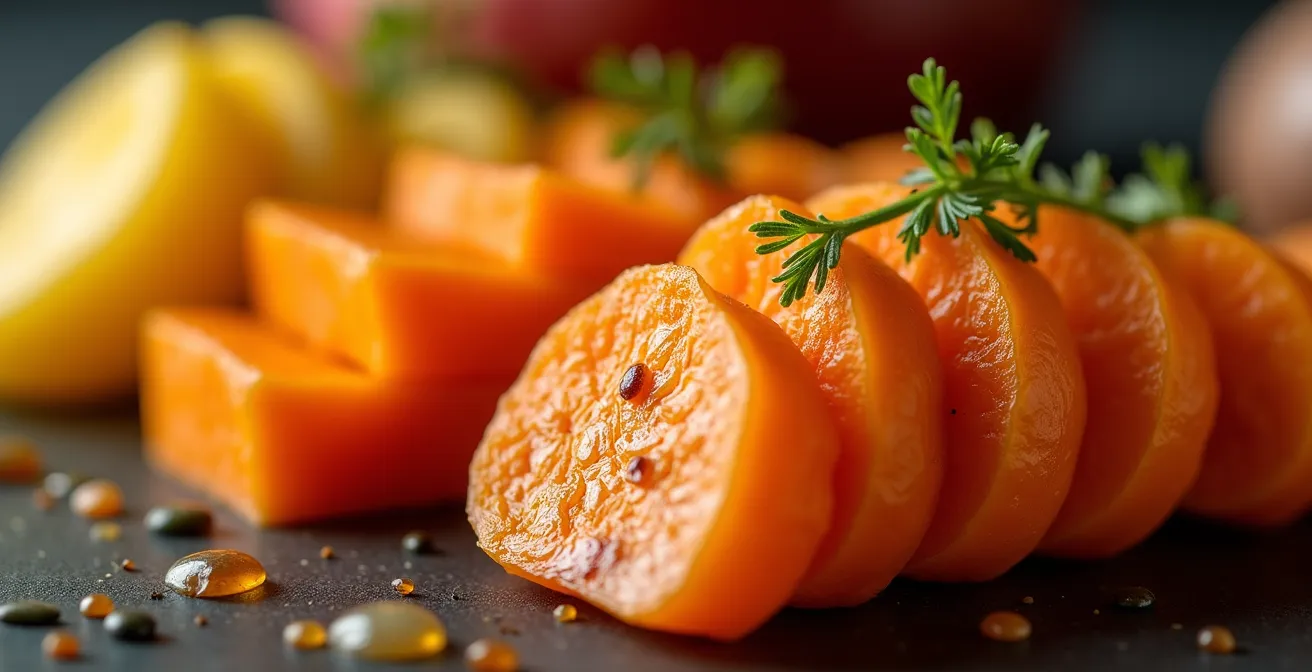 Détail macro ultra-rapproché montrant les textures variées d'un seul légume décliné : surfaces lisses glacées, cristaux de sel, grains de réduction caramélisée, fibres végétales grillées