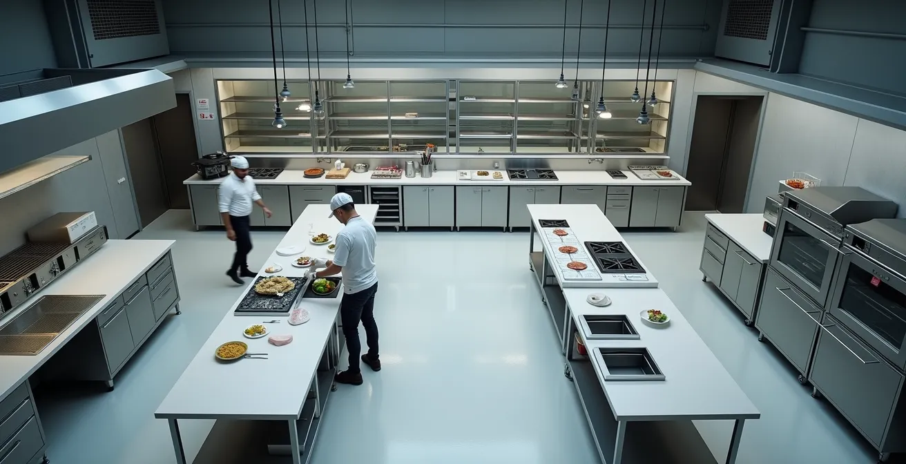 Vue aérienne d'une cuisine professionnelle avec stations de travail organisées et codes couleur indiquant les étapes de production : préparation (froid), cuissons longues (nuit), finitions (service)