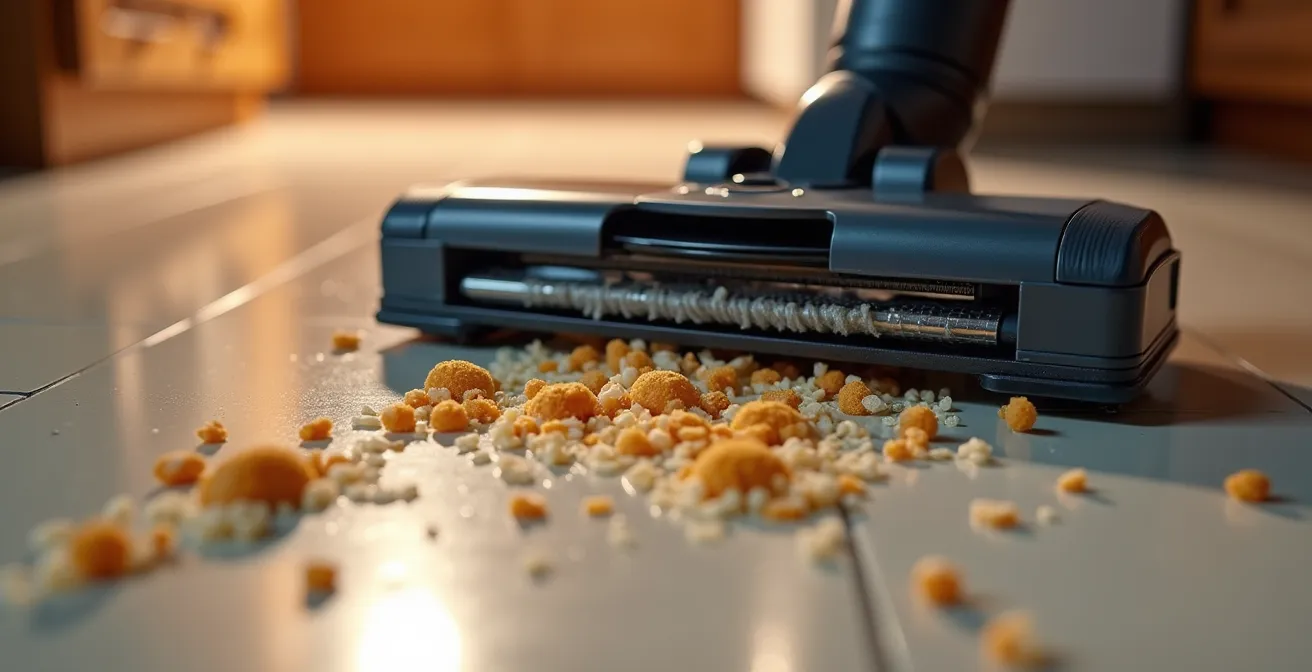 Gros plan sur les capteurs et brosses d'un aspirateur robot enface de miettes de pain et grains de riz