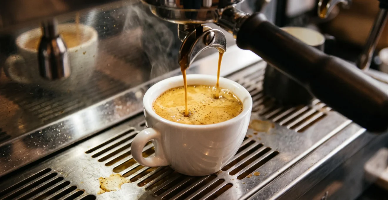 Gros plan sur l'extraction d'un expresso avec formation de crema dorée dans une tasse blanche, processus technique de préparation du café