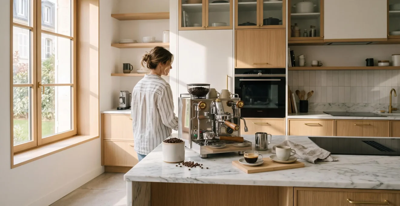 Machine à expresso moderne posée sur un plan de travail en marbre dans une cuisine contemporaine française, avec éclairage naturel chaleureux