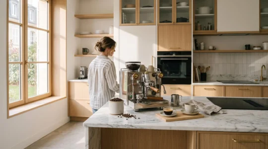 Machine à expresso moderne posée sur un plan de travail en marbre dans une cuisine contemporaine française, avec éclairage naturel chaleureux