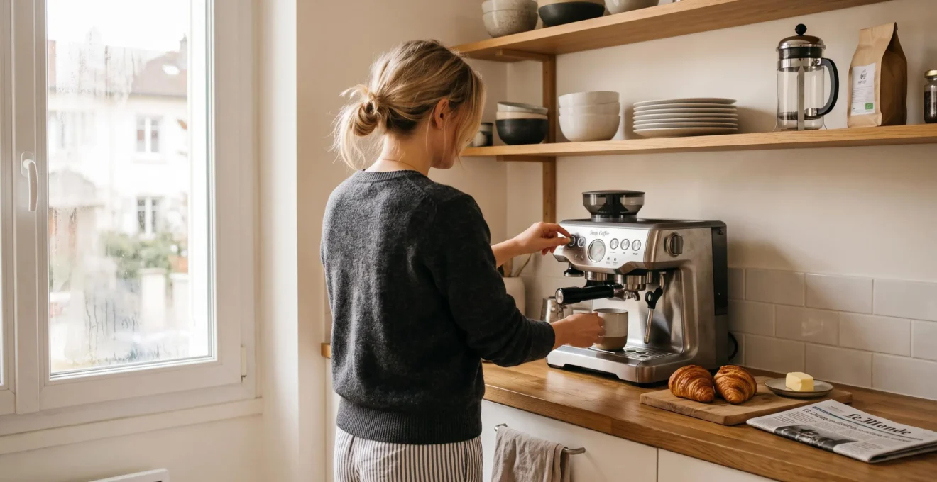 Personne en tenue matinale décontractée utilisant une machine expresso Tasty Coffee dans sa cuisine française moderne, routine café du matin